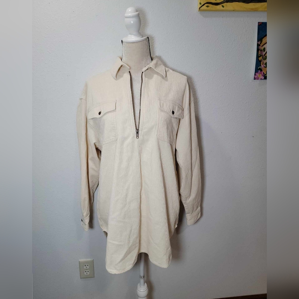 Vintage Bugle Boy For Her Corduroy 1/4 Zip Pullover L White Oversized 90s Y2K